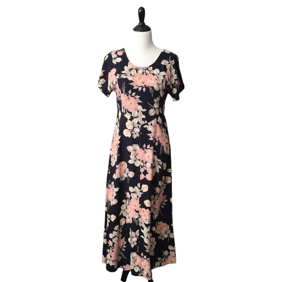 90s Spring Floral Navy Pink Maxi Dress Comfortable Tie Back Casual Dress Grunge - Picture 1 of 9
